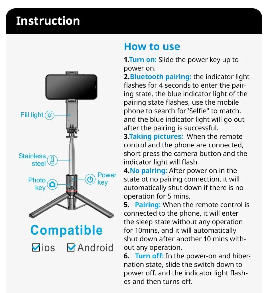 Portable Selfie Stick With Fill Light Foldable Mini Tripod Wireless Bluetooth Remote Shutter For Android Smartphones Video Live - Fullshopping