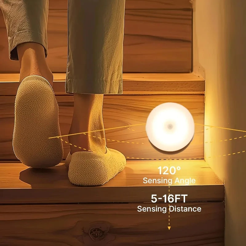 1~8Pcs Motion Sensor Night Lights 8-LED Round Wall Lamps USB Rechargeable Under Cabinet Lighting for Bedsides Hallways Stairs