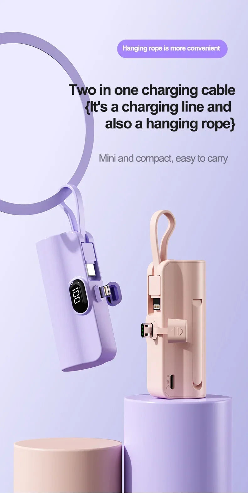 10000mAh Mini Power Bank Portable Fast Charger External Spare Battery For iPhone Samsung Built-in Type C Cable Small Powerbank - Fullshopping