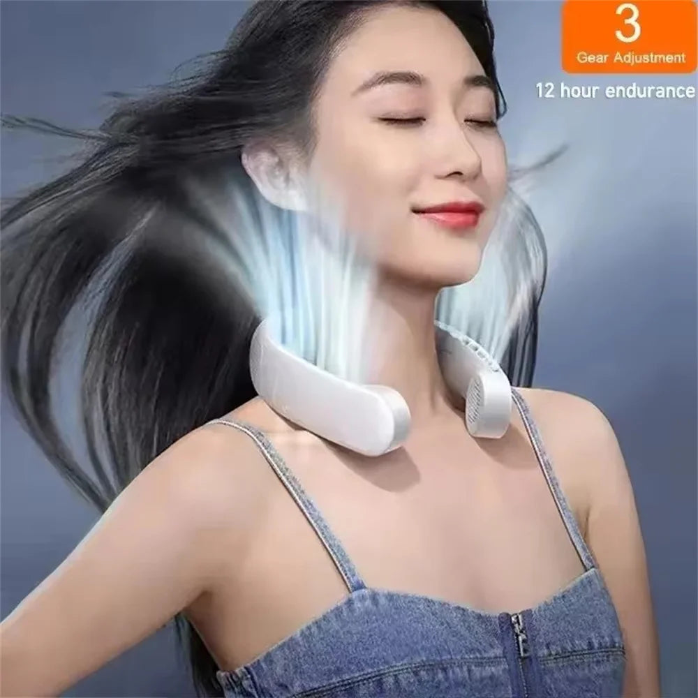 New Mini Neck Fan Portable Bladeless Hanging Neck 1200mAh Rechargeable Air Cooler 3 Speed Mini Summer Sports Fans - Fullshopping