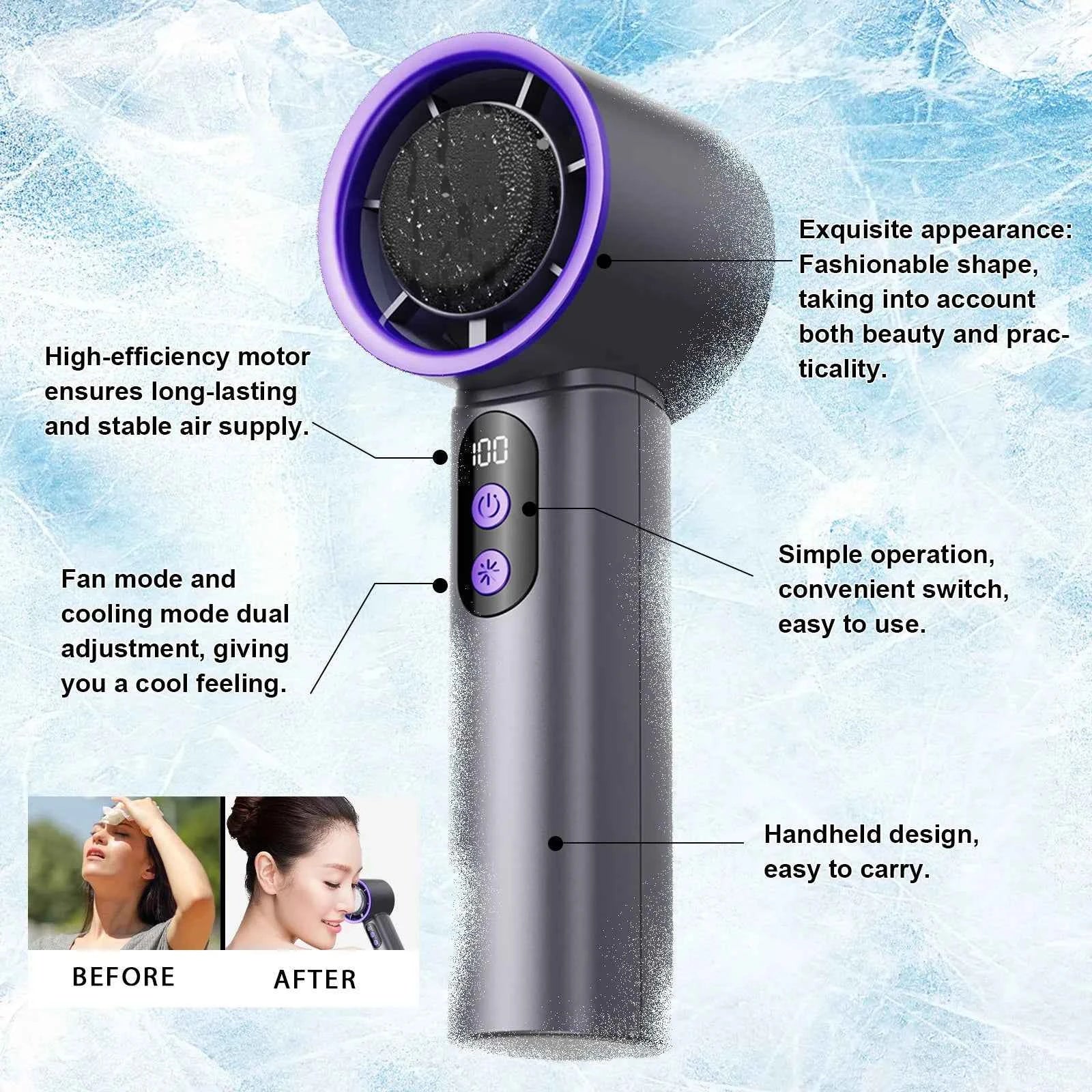 Turbo Fan Portable Handheld Cooling Fan Mini USB Ice Fan With Digital Display Outdoor Personal Camping Turbo Cold Air Fan