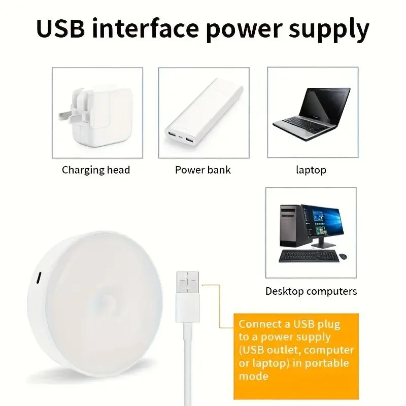 1~8Pcs Motion Sensor Night Lights 8-LED Round Wall Lamps USB Rechargeable Under Cabinet Lighting for Bedsides Hallways Stairs