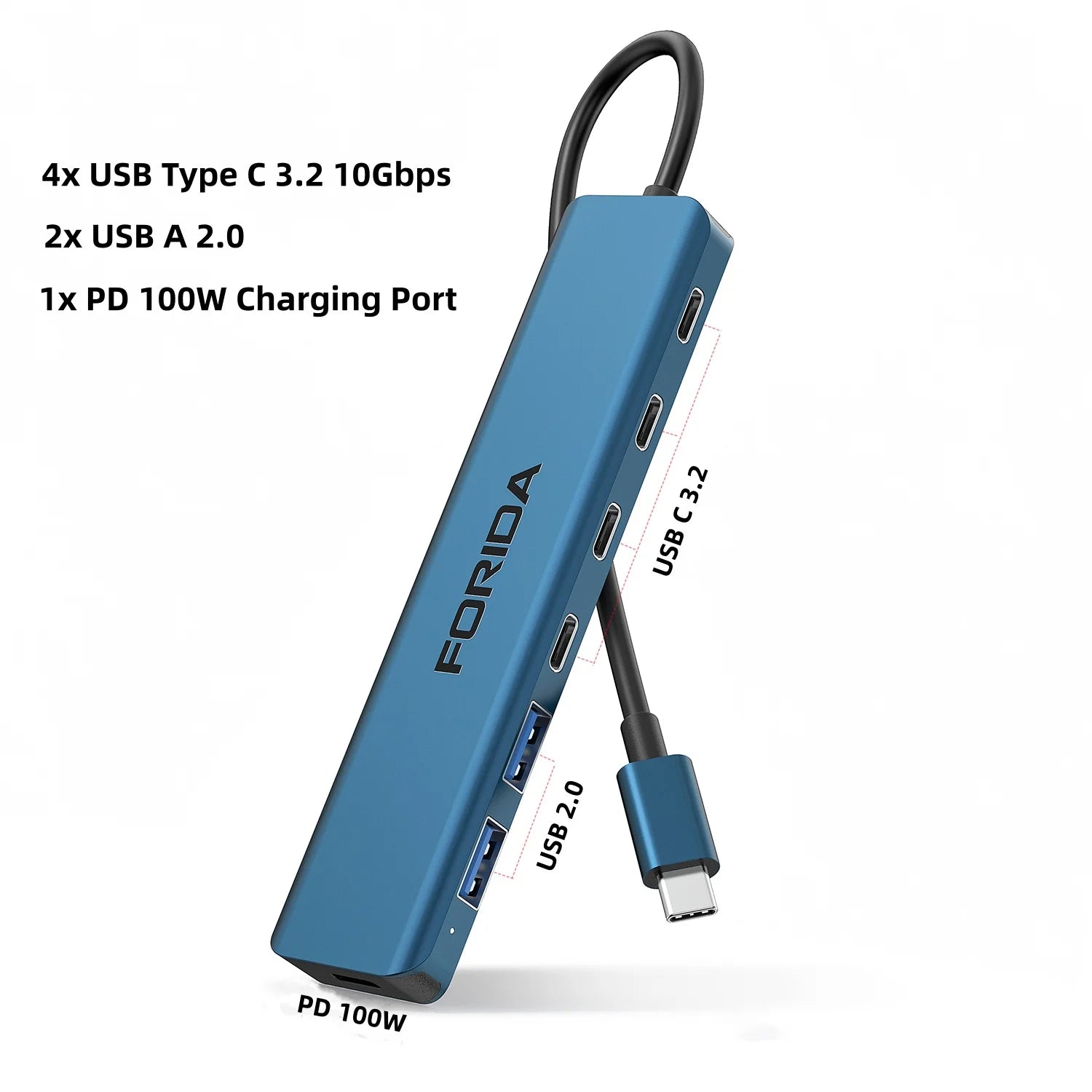 FORIDA USB Hub Type C 10Gbps USB C Splitter PD 100W Power Charging USB 3.2 Gen2 Adapter for Laptop MacBook Desktop Tablet - Fullshopping
