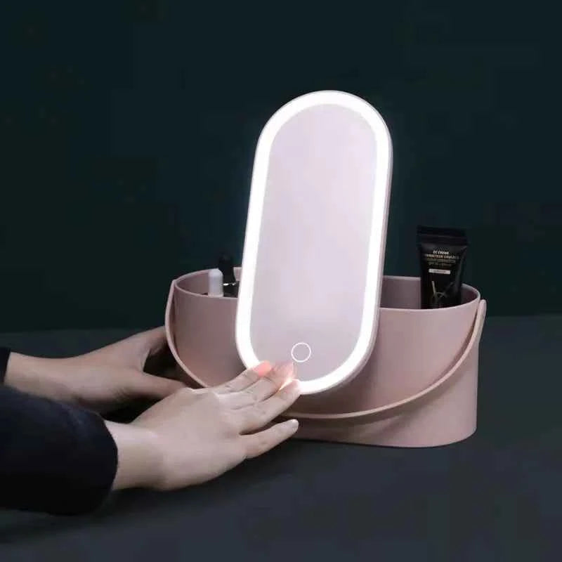 Makeup Organizer Box with LED Light Mirror Portable Travel Makeup Cosmetics Organizer Touch Light Storage Makeup Case - Fullshopping