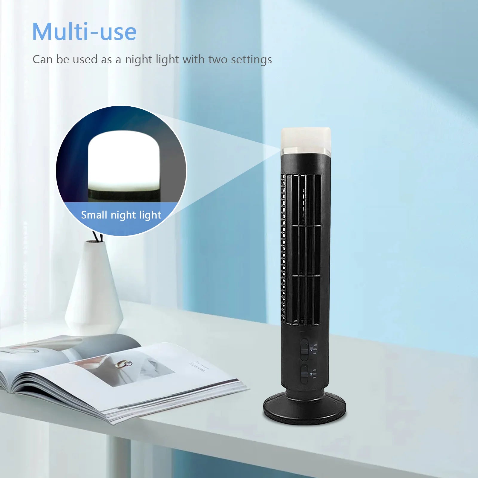 Vertical  Fan Bladeless Cooling Tower Fans with Light USB Plug-in Or Battery Powered 2-speed for Home Office