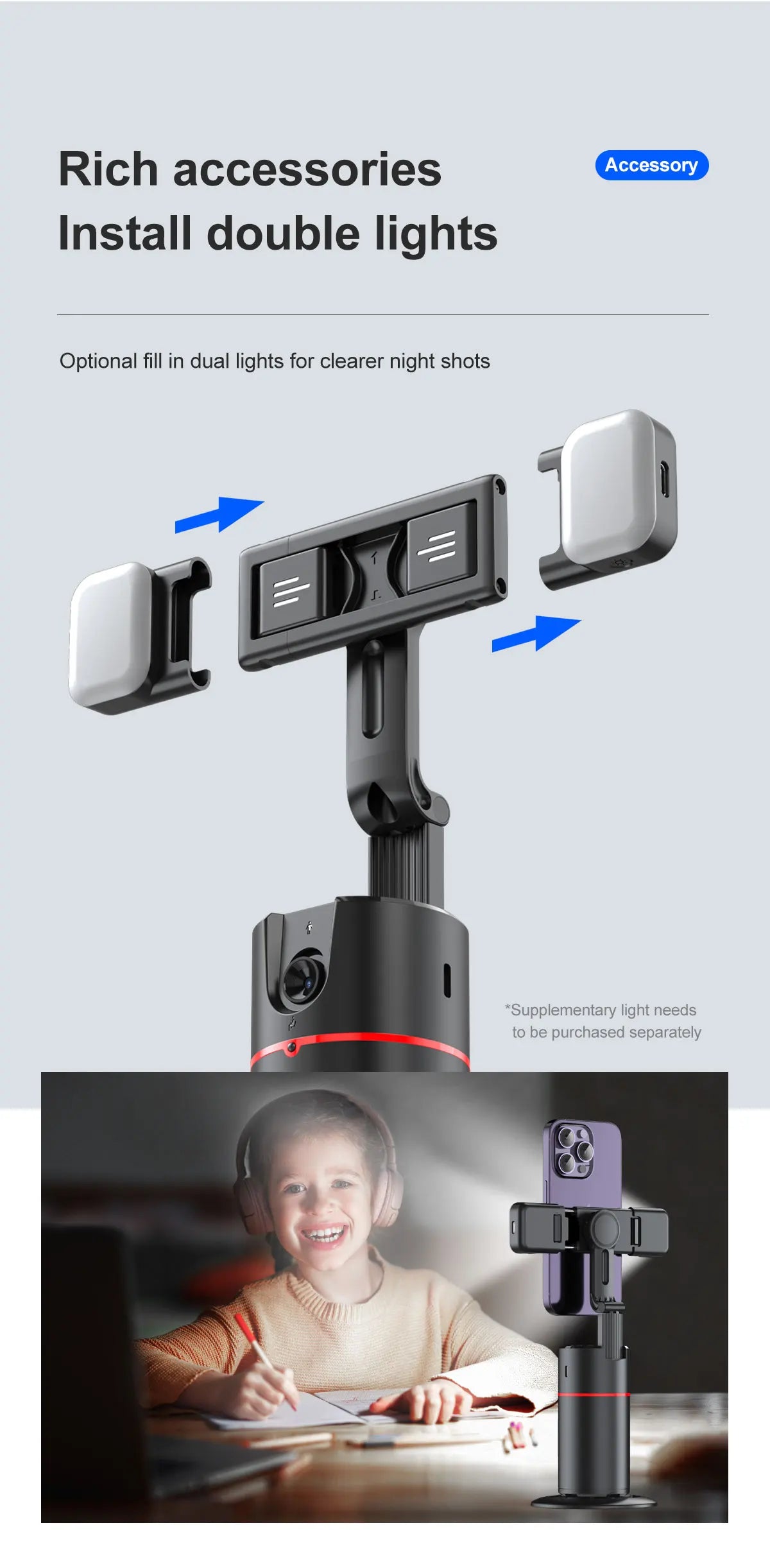 Phone Stabilizer Smart Facial Tracking Detachable Phone Clip with Fill Light Desktop Phone Stand Wireless Selfie Stick Tripod - Fullshopping