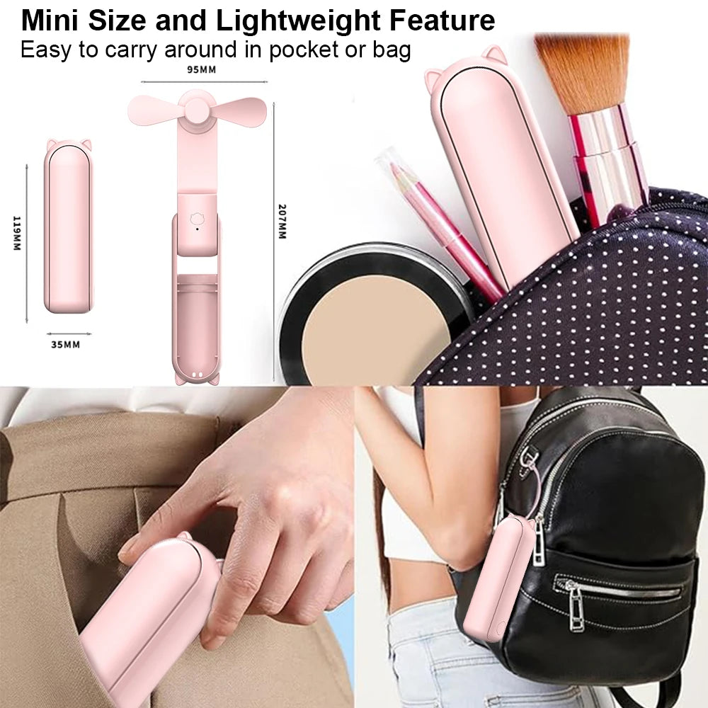 Portable Mini Handheld Fan Small Pocket Fan USB Rechargeable Battery Fan Folding Cooling Hand Fan Mini USB Fan with Power Bank - Fullshopping