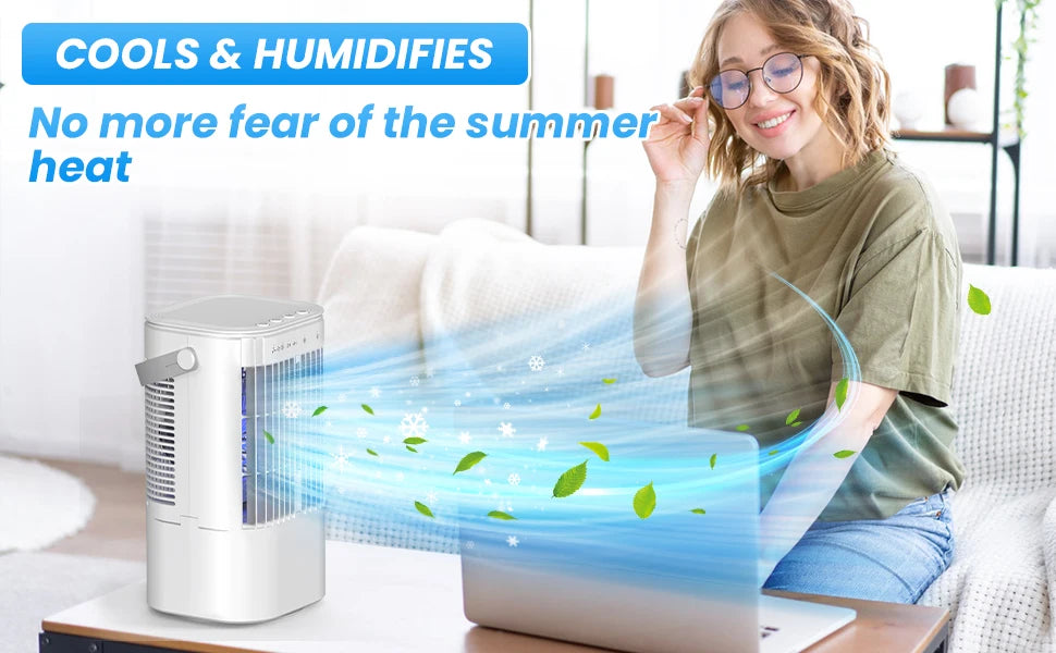Portable cooling fan with seven-color night light, 900ml large capacity, USB interface, suitable for living room, bedroom, etc