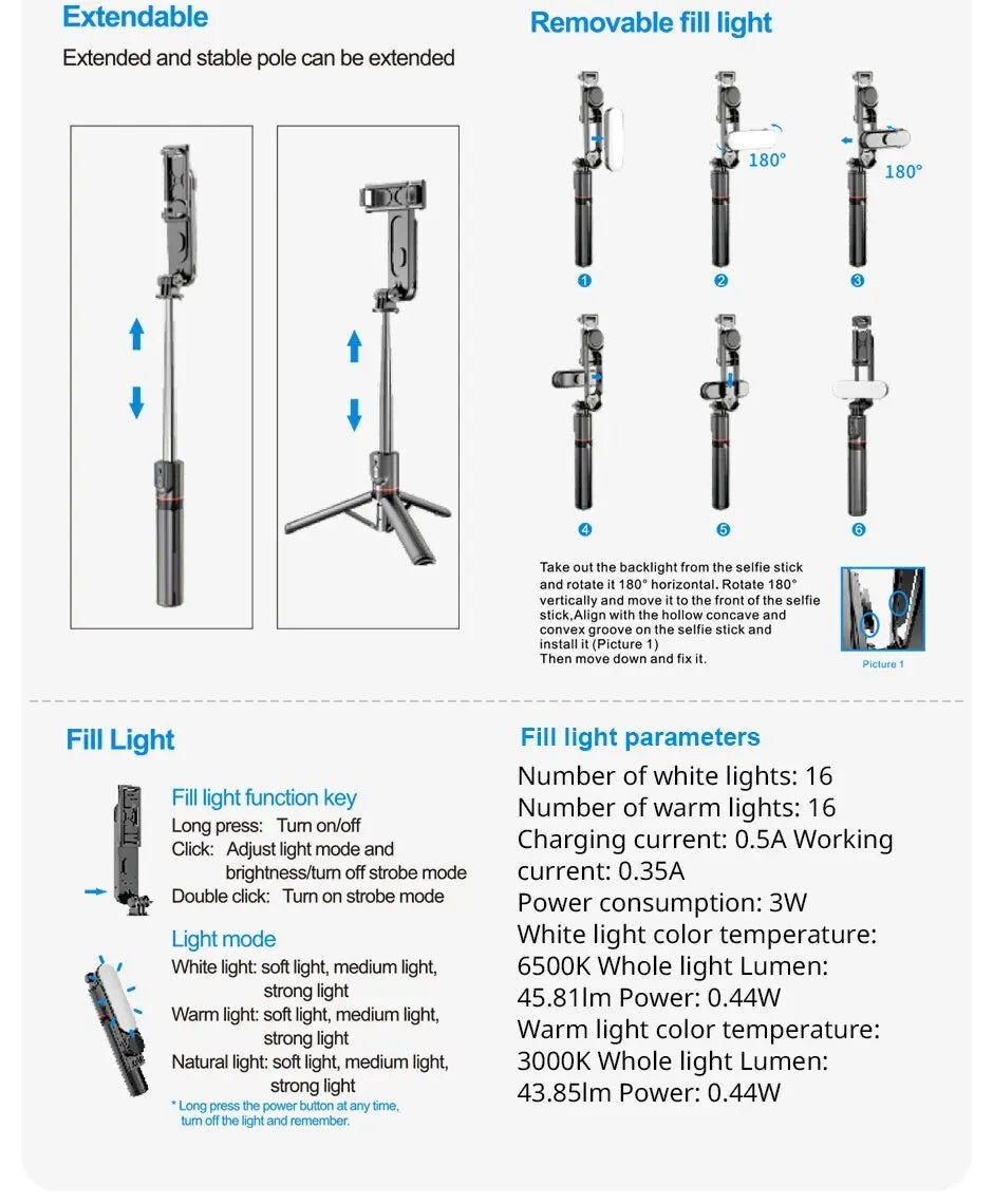 Portable Selfie Stick With Fill Light Foldable Mini Tripod Wireless Bluetooth Remote Shutter For Android Smartphones Video Live - Fullshopping