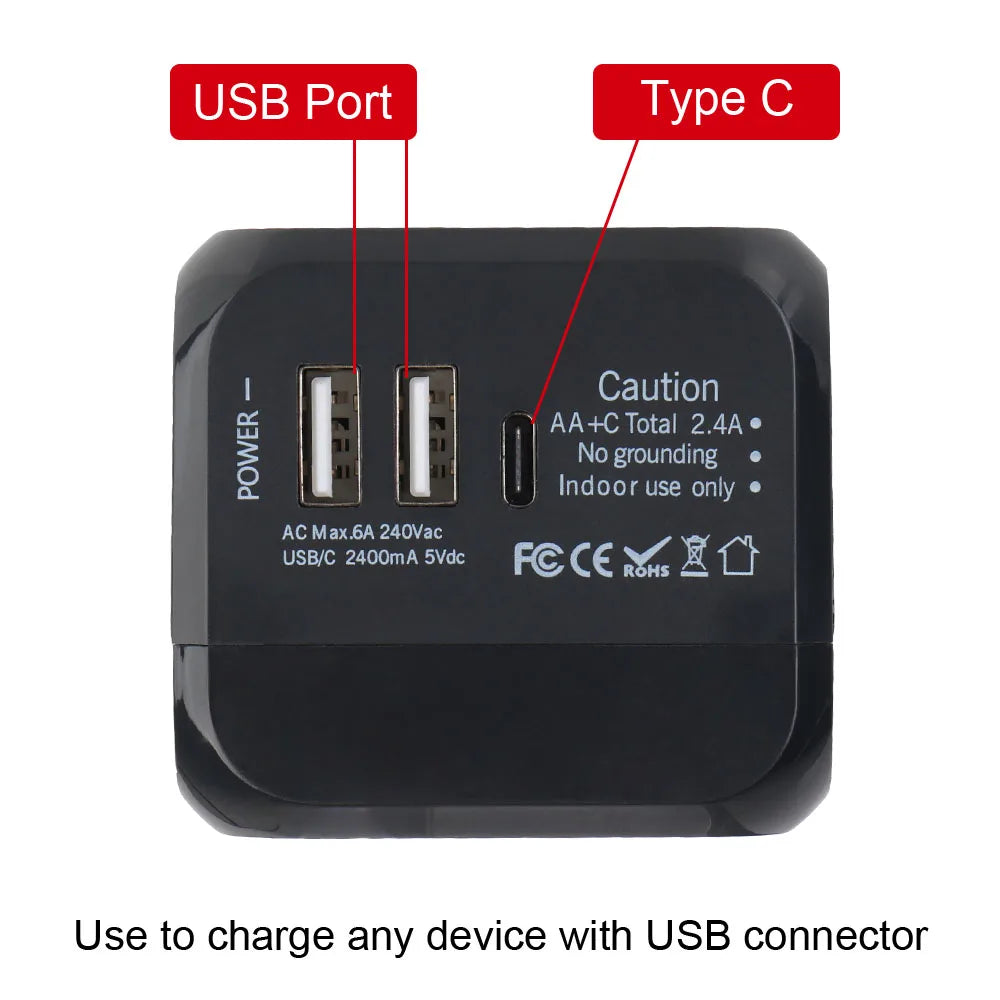 All-in-One Wall Travel Charger Adapter - US EU UK AU Plugs with 2 USB & 1 Type C, Universal for Travel