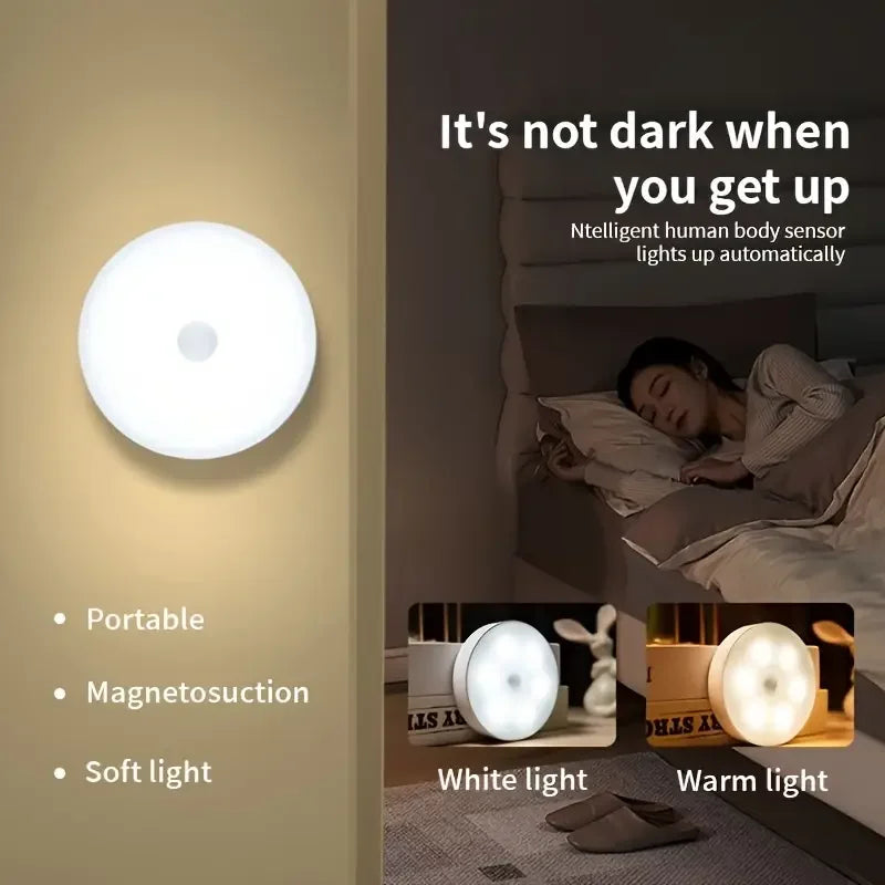 1~8Pcs Motion Sensor Night Lights 8-LED Round Wall Lamps USB Rechargeable Under Cabinet Lighting for Bedsides Hallways Stairs