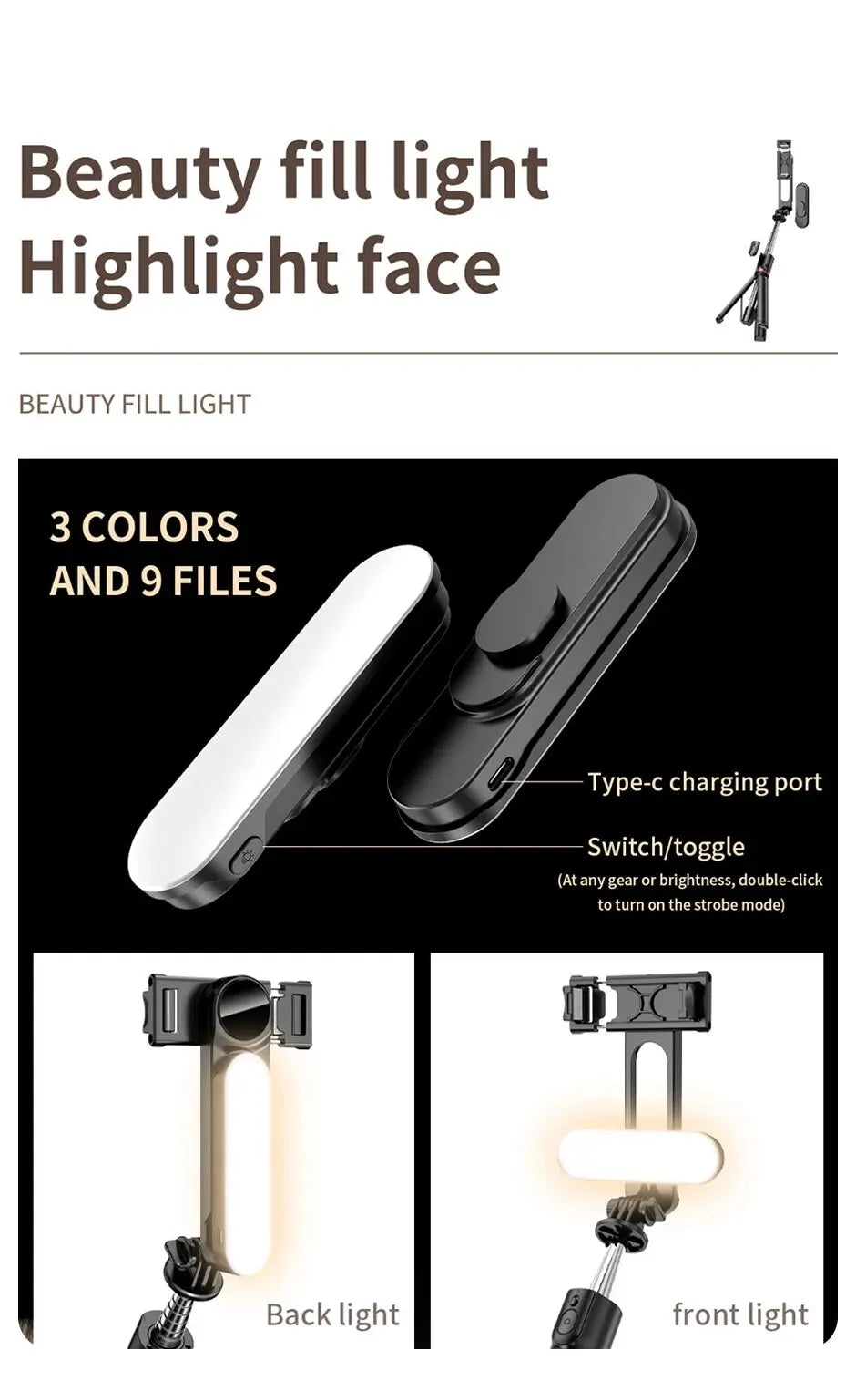 Portable Selfie Stick With Fill Light Foldable Mini Tripod Wireless Bluetooth Remote Shutter For Android Smartphones Video Live - Fullshopping