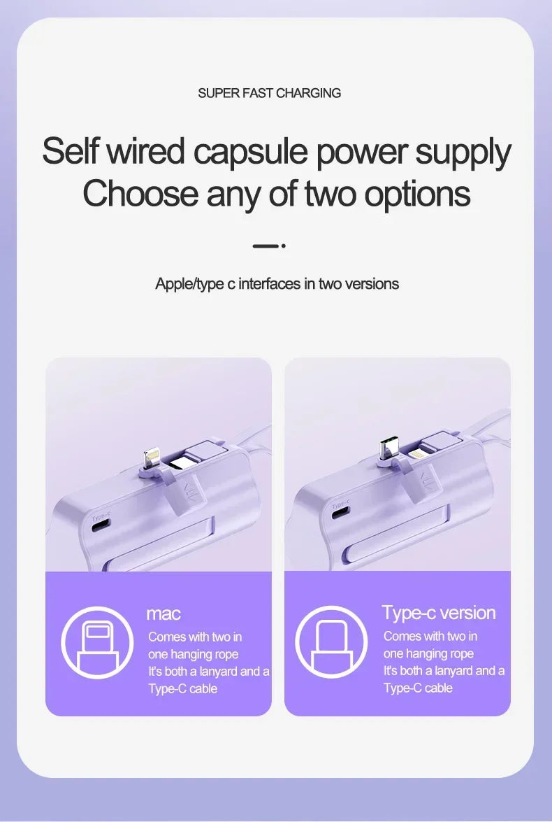 10000mAh Mini Power Bank Portable Fast Charger External Spare Battery For iPhone Samsung Built-in Type C Cable Small Powerbank - Fullshopping