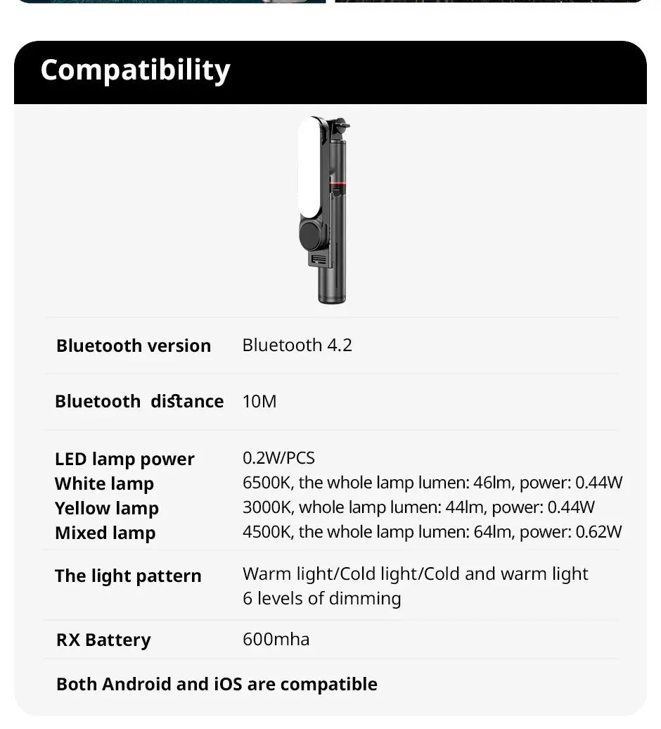Portable Selfie Stick With Fill Light Foldable Mini Tripod Wireless Bluetooth Remote Shutter For Android Smartphones Video Live - Fullshopping