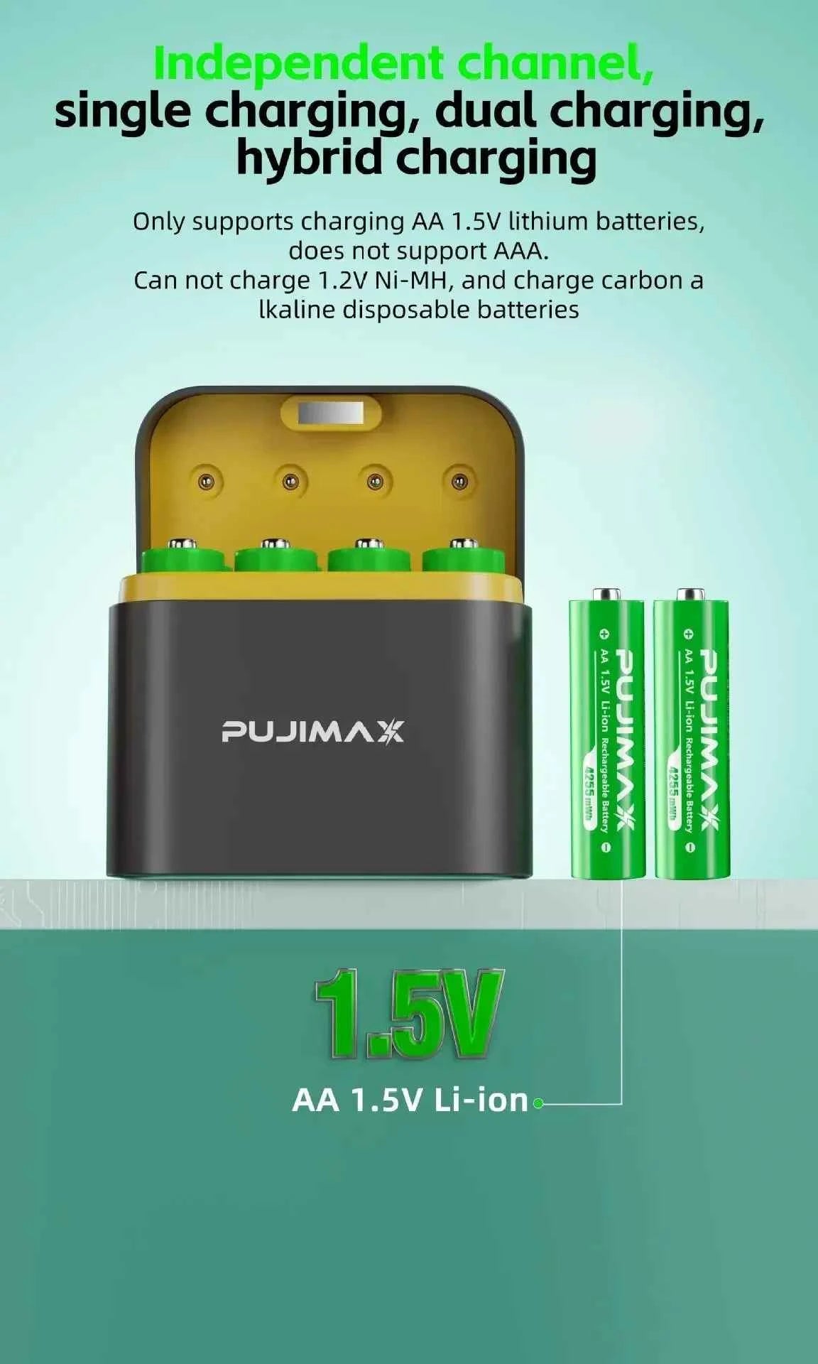 AA/AAA 8 Slots with Smart Charger with 1.5V 4255mWh/3400mWh Lithium Batteries – Fast Charging Battery Charger Set