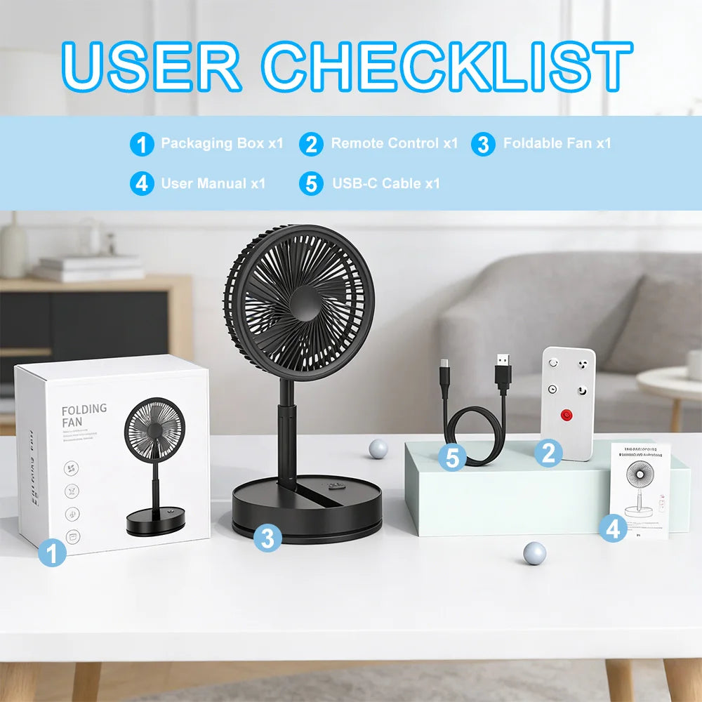 Telescopic Folding Desk Fan With 8000 mAh Wireless USB Rechargeable Adjustable Height Timing Remote control Fans