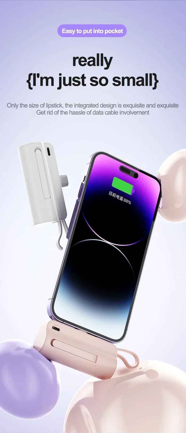 10000mAh Mini Power Bank Portable Fast Charger External Spare Battery For iPhone Samsung Built-in Type C Cable Small Powerbank - Fullshopping