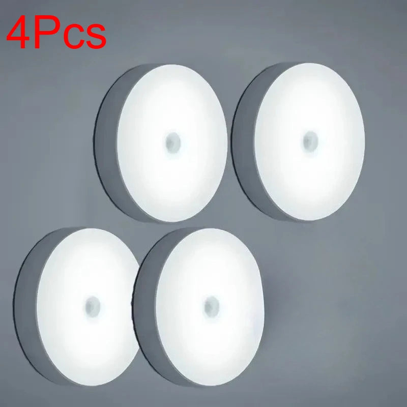 1~8Pcs Motion Sensor Night Lights 8-LED Round Wall Lamps USB Rechargeable Under Cabinet Lighting for Bedsides Hallways Stairs