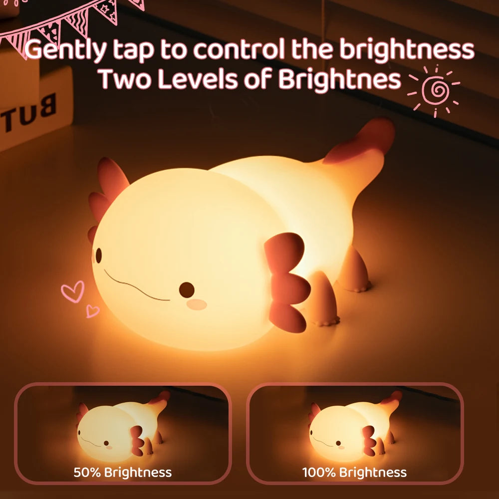 Axolotl Night Light for Kids 2 Brightness Silicone Nursery Sleeping Light Portable USB Rechargeable Bedside Lamp For Baby's Room - Fullshopping