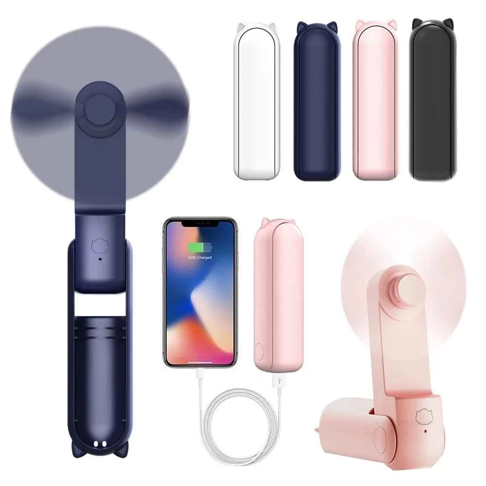 Portable Mini Handheld Fan Small Pocket Fan USB Rechargeable Battery Fan Folding Cooling Hand Fan Mini USB Fan with Power Bank - Fullshopping