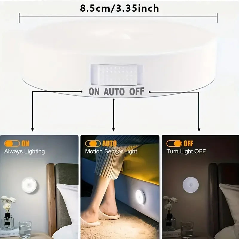 1~8Pcs Motion Sensor Night Lights 8-LED Round Wall Lamps USB Rechargeable Under Cabinet Lighting for Bedsides Hallways Stairs