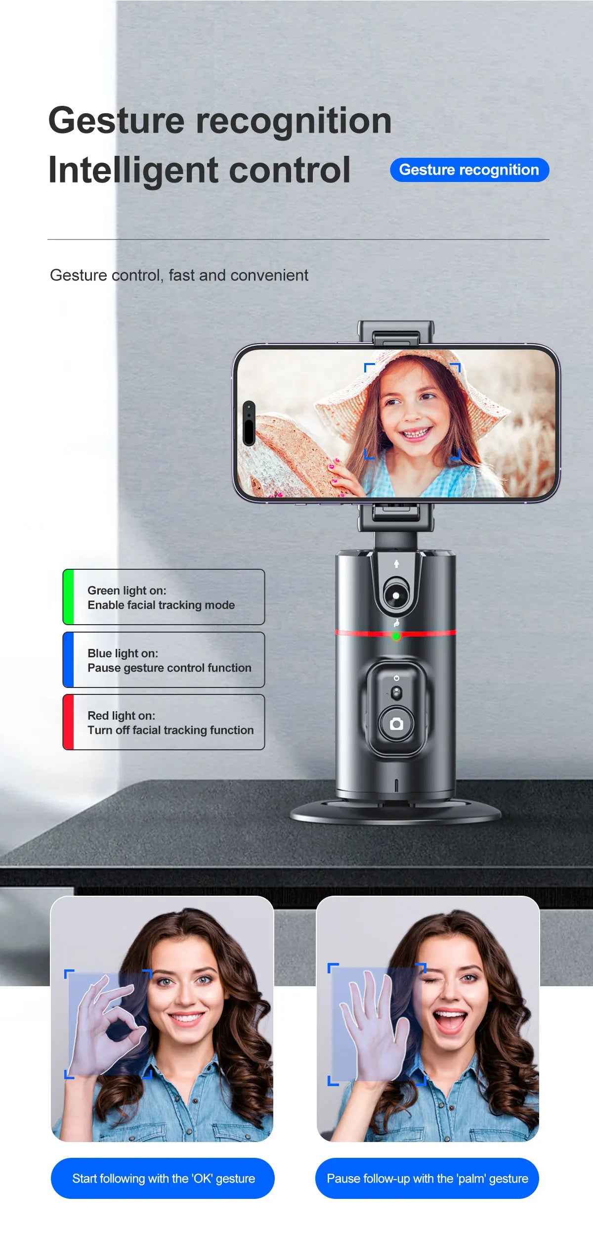 Phone Stabilizer Smart Facial Tracking Detachable Phone Clip with Fill Light Desktop Phone Stand Wireless Selfie Stick Tripod - Fullshopping