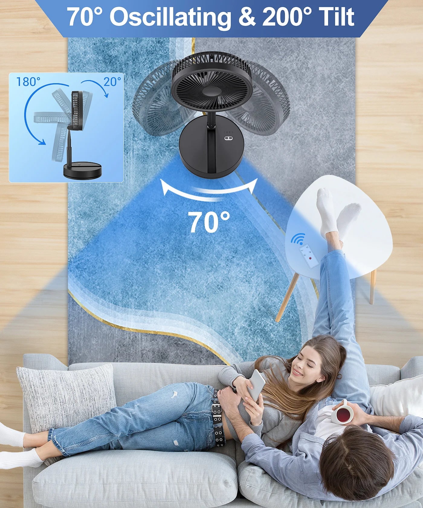 9" Portable Standing Oscillating Fan with Remote - Tall Floor Foldable Travel Fan for Sleeping - Pedestal Stand Up Folding Bed k