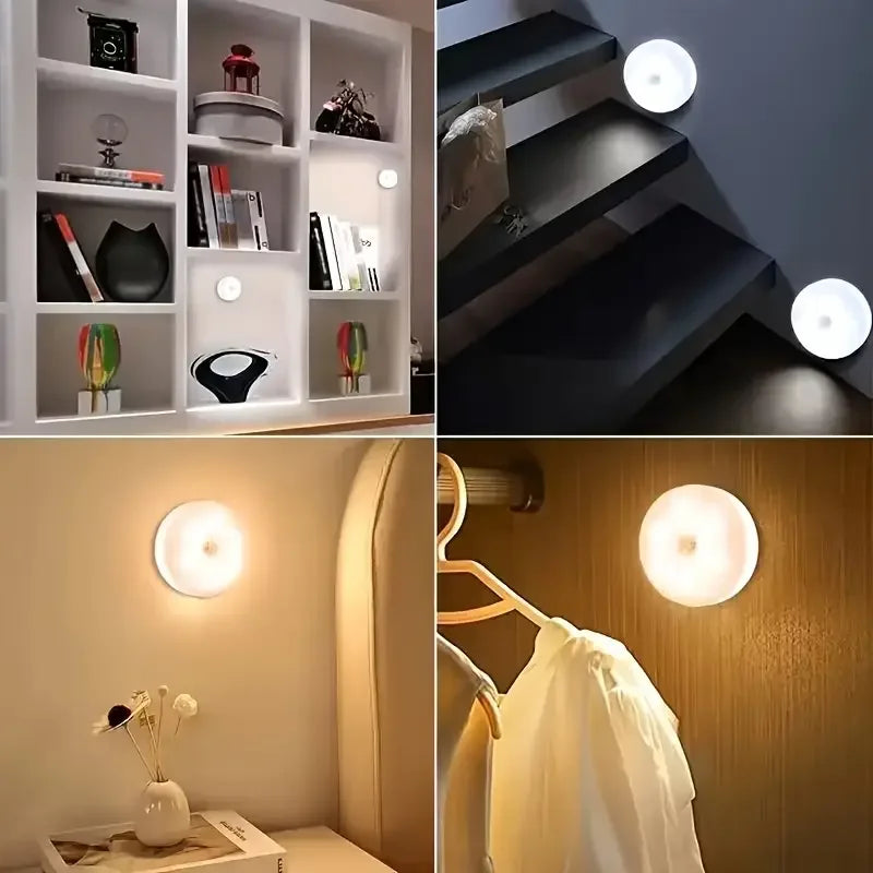 1~8Pcs Motion Sensor Night Lights 8-LED Round Wall Lamps USB Rechargeable Under Cabinet Lighting for Bedsides Hallways Stairs