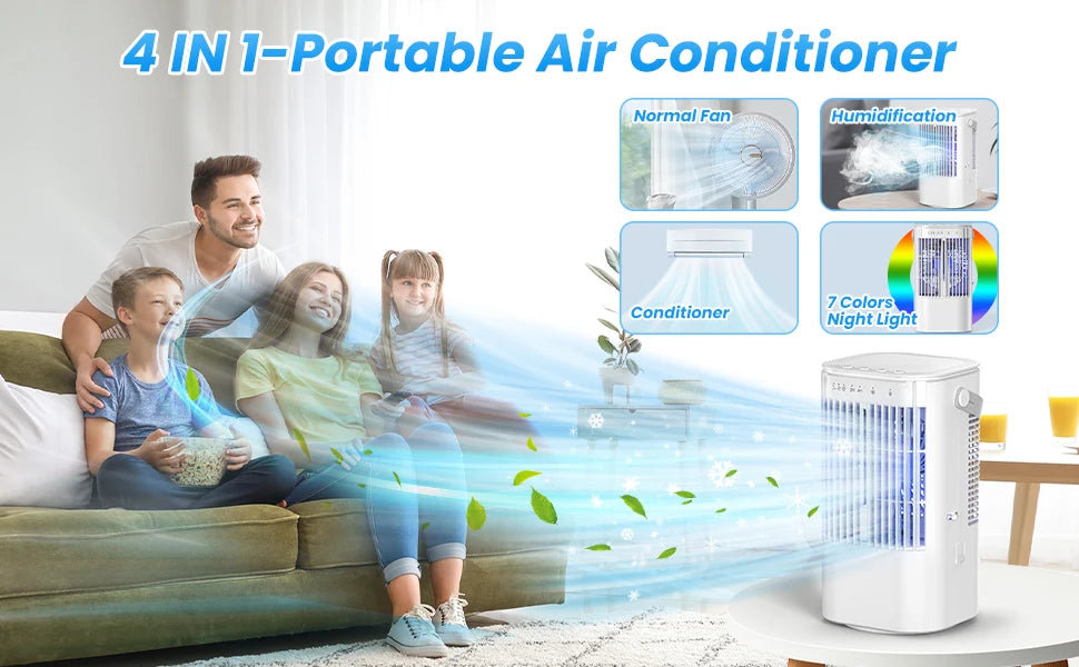 Portable cooling fan with seven-color night light, 900ml large capacity, USB interface, suitable for living room, bedroom, etc