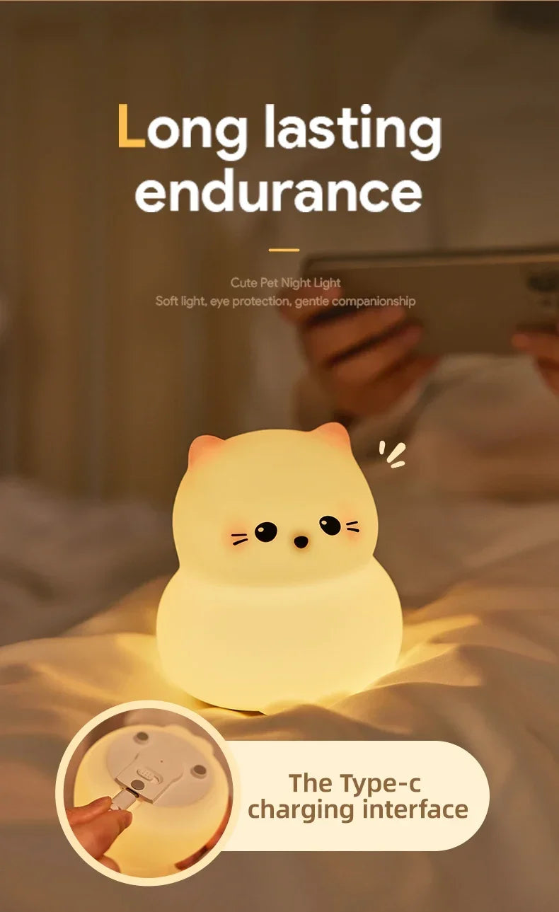 Cute Animal-shape Silicone Night Light Rechargeable Bedside Patting Nightlights For Child Holiday Gift Bedroom Decor Lighting - Fullshopping