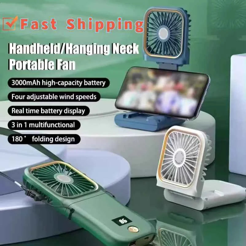 3000mAh 180° Folding Desktop Air Cooling Fan Emergency Power Supply Hanging Neck Fan Handheld USB Charging Portable Fan 2025