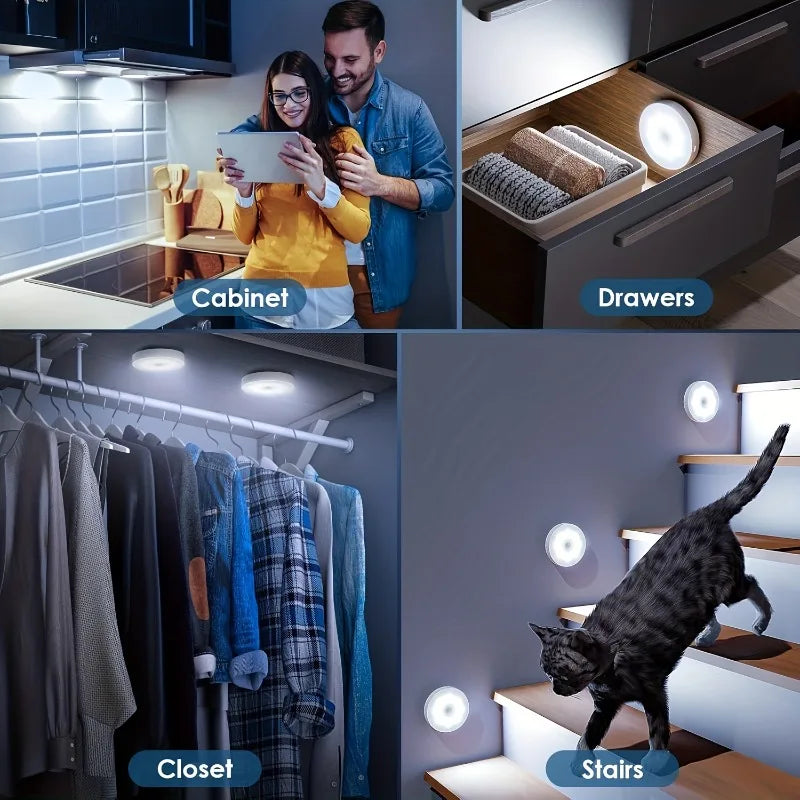 1~8Pcs Motion Sensor Night Lights 8-LED Round Wall Lamps USB Rechargeable Under Cabinet Lighting for Bedsides Hallways Stairs