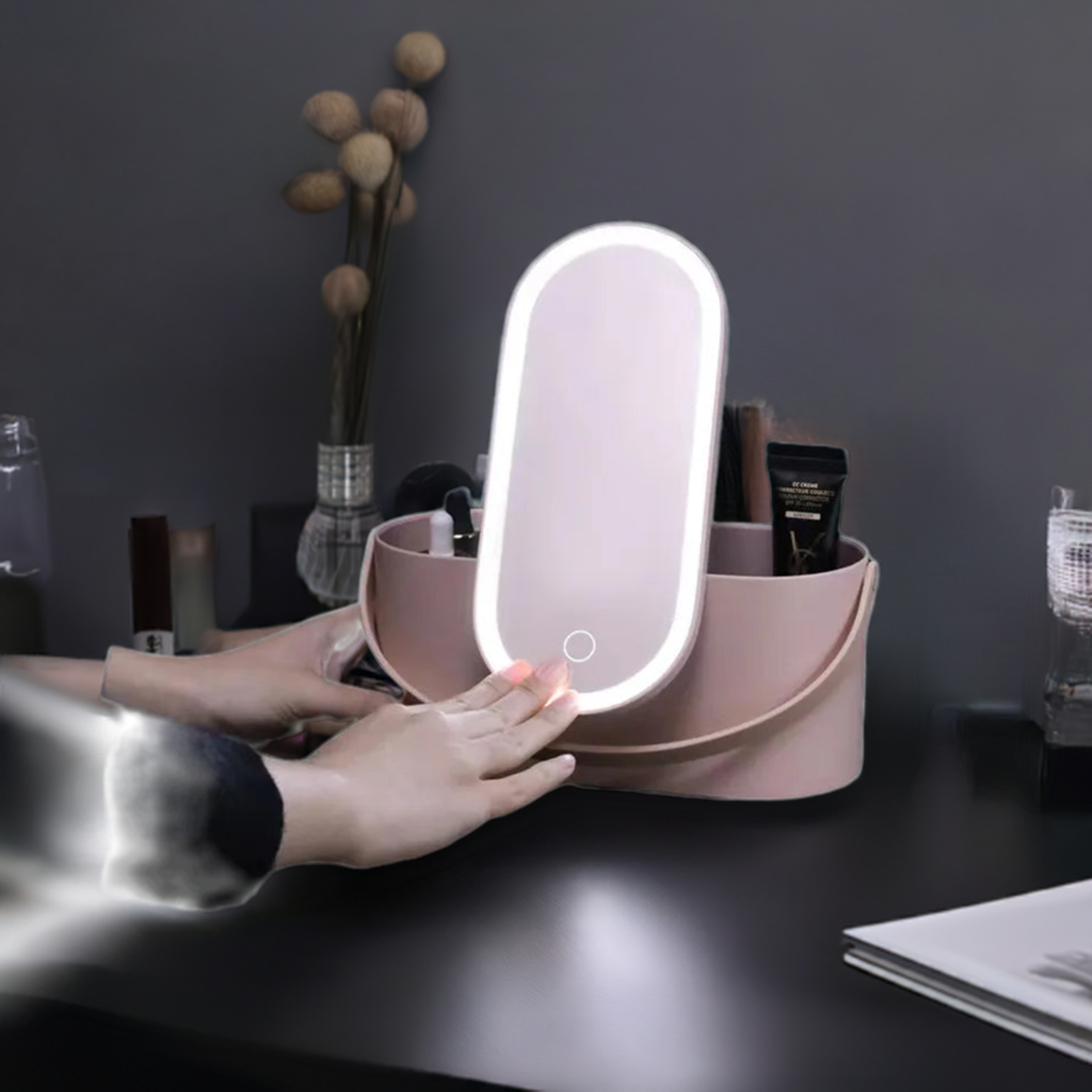 Makeup Organizer Box with LED Light Mirror Portable Travel Makeup Cosmetics Organizer Touch Light Storage Makeup Case - Fullshopping