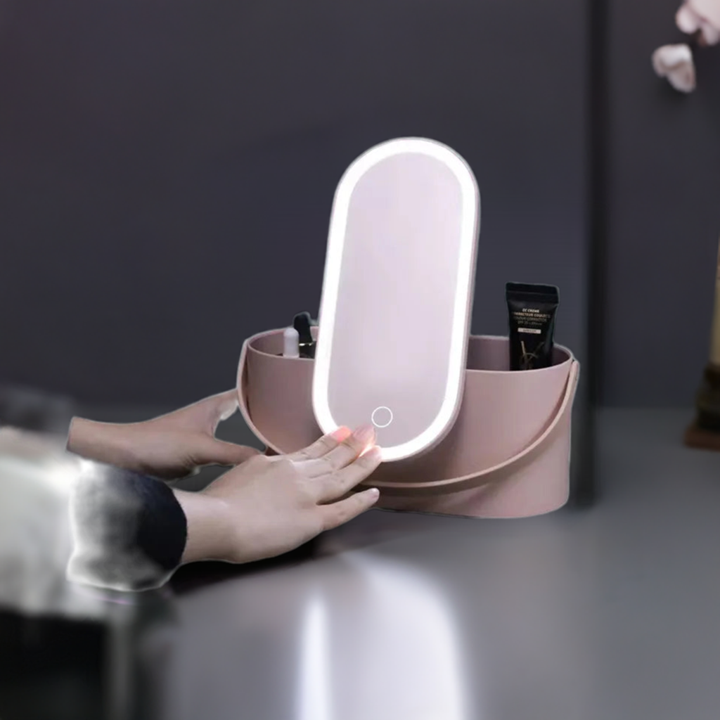 Makeup Organizer Box with LED Light Mirror Portable Travel Makeup Cosmetics Organizer Touch Light Storage Makeup Case - Fullshopping