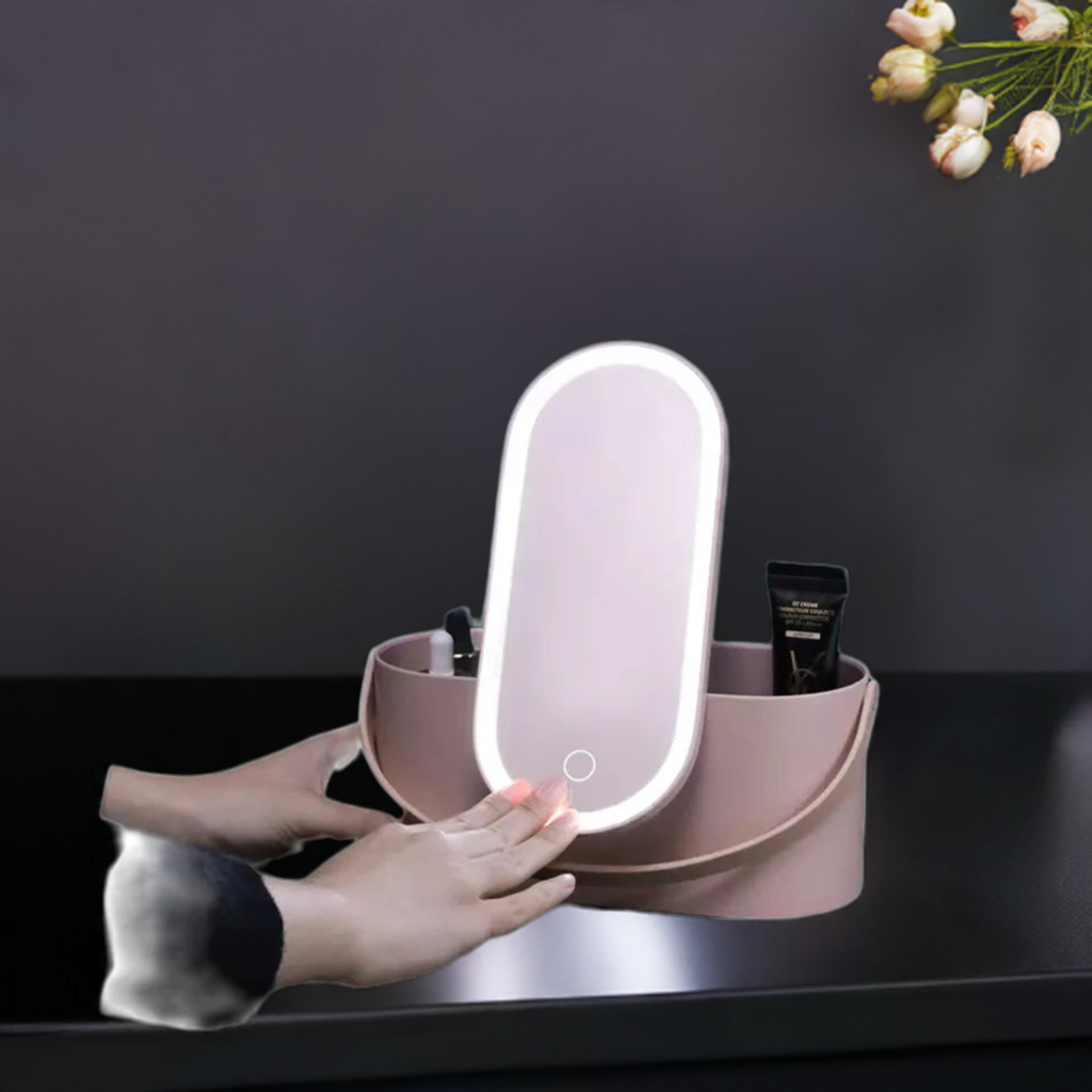 Makeup Organizer Box with LED Light Mirror Portable Travel Makeup Cosmetics Organizer Touch Light Storage Makeup Case - Fullshopping
